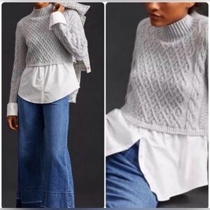 Mauve Anthropologie Gray Cable Knit Layered Shirt Sweater